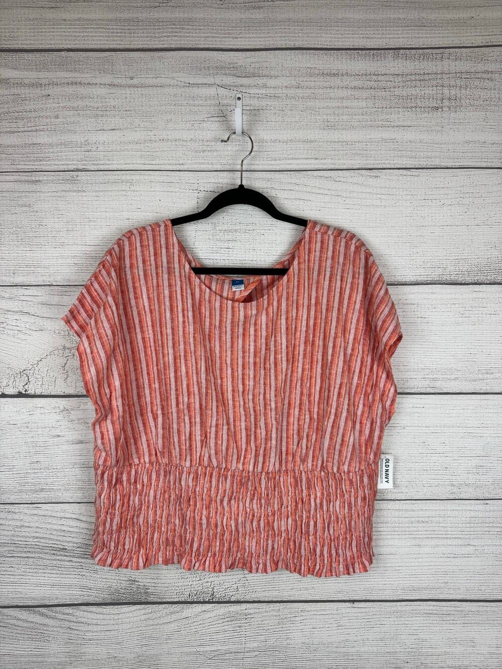 Old Navy Plus Size Orange Coral Stripe Linen Blend Smocked Cutout Top Size 3X